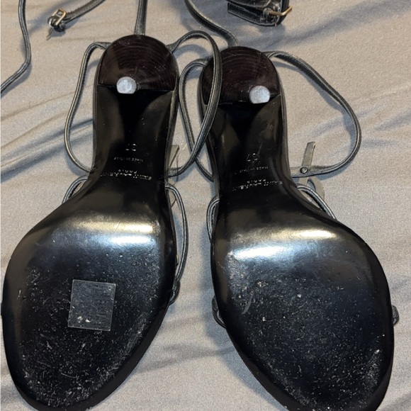 Saint Laurent Black Strappy Heels with Gold Accents - Picture 4 of 7